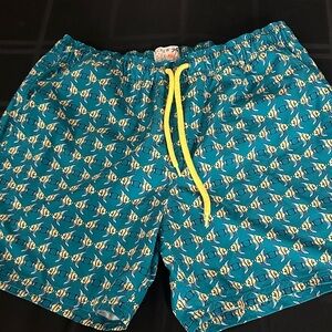 J Crew Factory Teal Swim Trunks with Yellow Drawstring and Fish Print